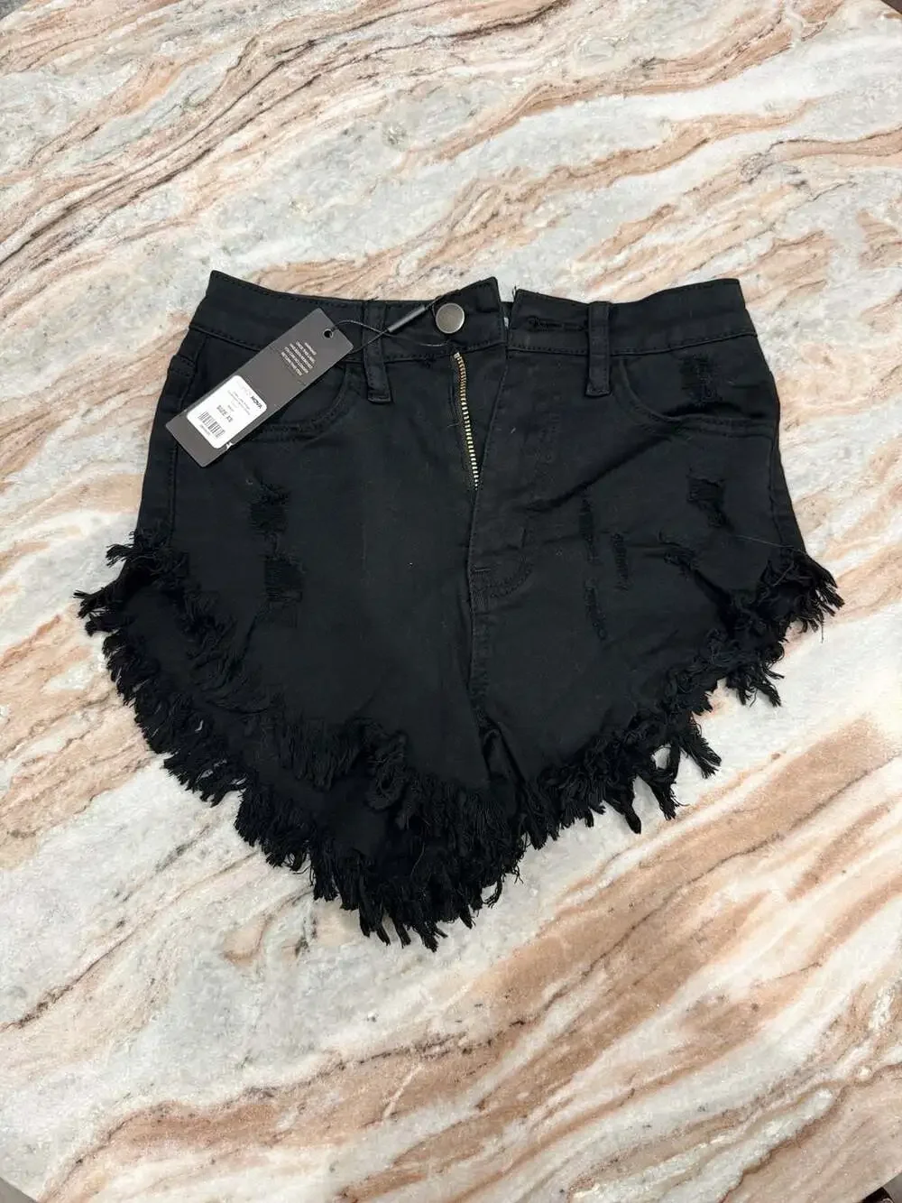 Fashion Nova Crazy Little Fringe Distressed Denim Shorts in Black